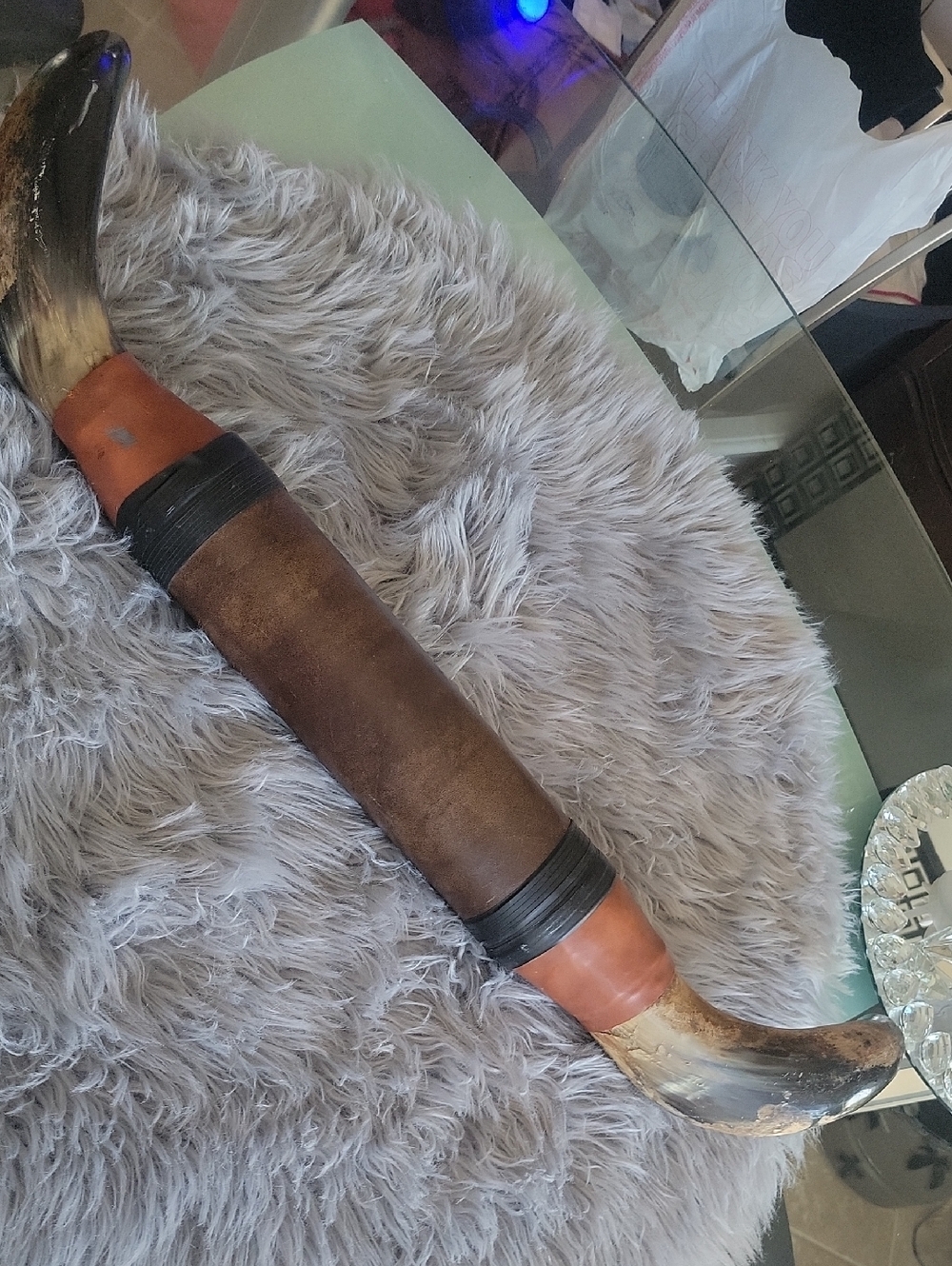 Decorative Double Horn Handle with Brown Leather Wrap